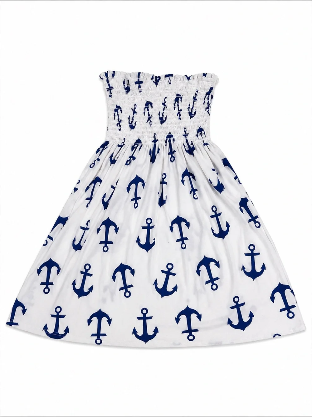 Strapless Smocked Anchor Print Cover-Up Dress | White & Blue | Size M